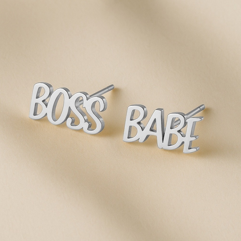 Boss Babe Earrings Studs Silver Statement‎ Jewelry Stainless Steel